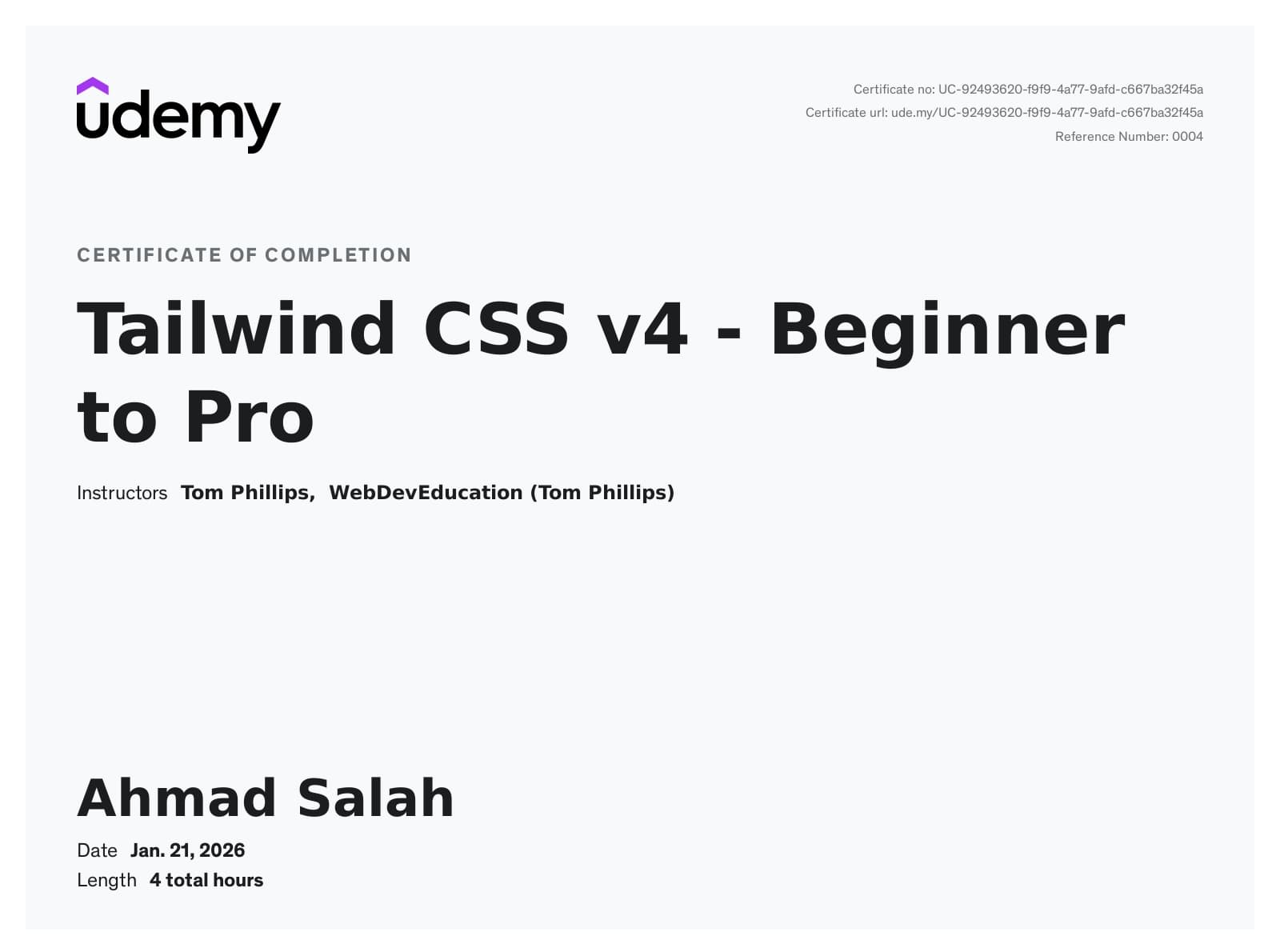 Tailwind CSS v4 - Beginner to Pro (Udemy)
