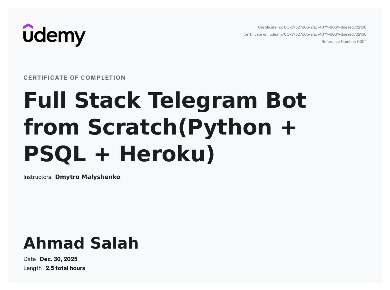 Full Stack Telegram Bot from Scratch(Python + PSQL + Heroku) (Udemy)